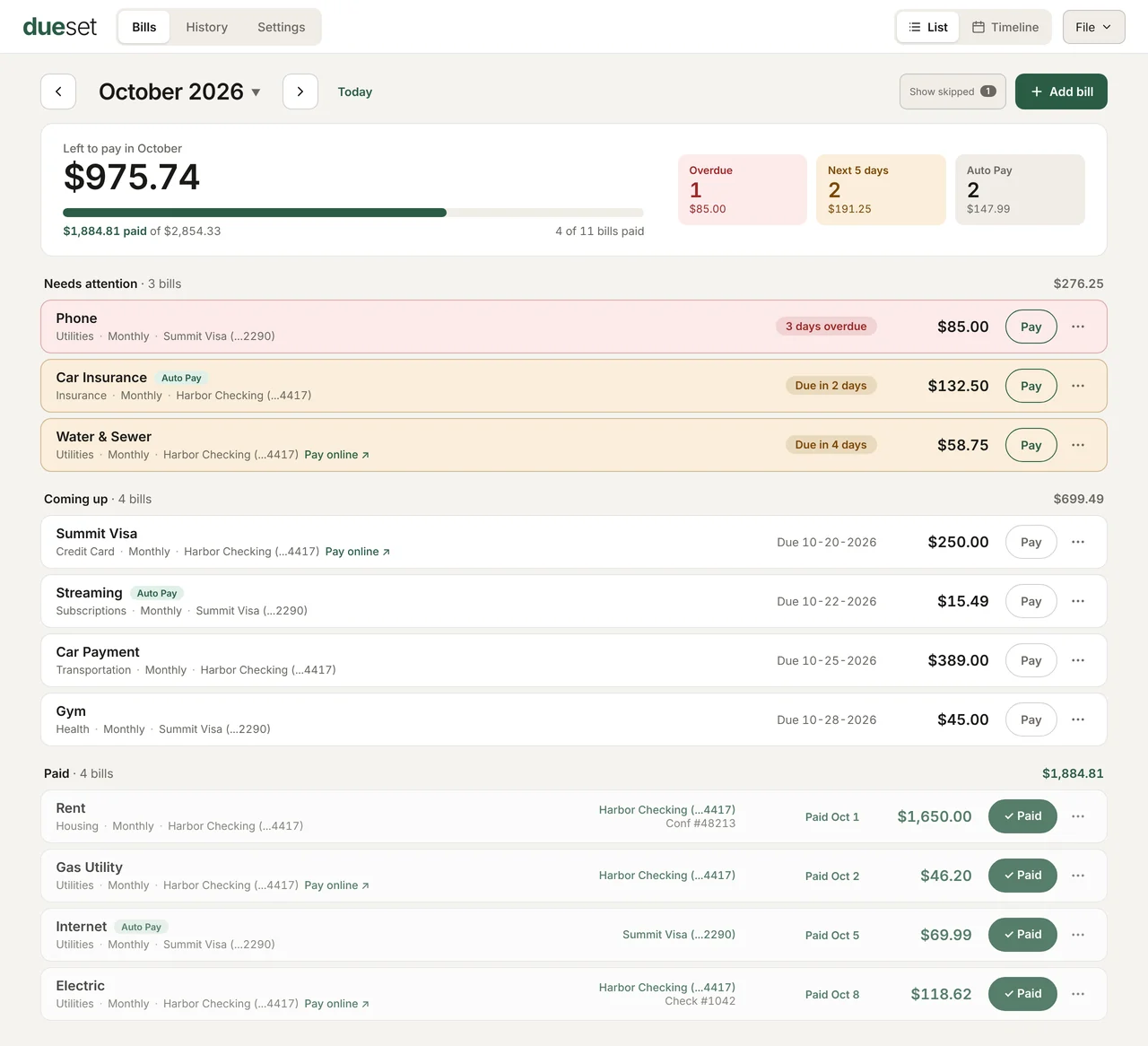 The dueset Bills screen in List view for October: a Left to pay summary with a progress bar, then bills grouped into Needs attention, Coming up and Paid.