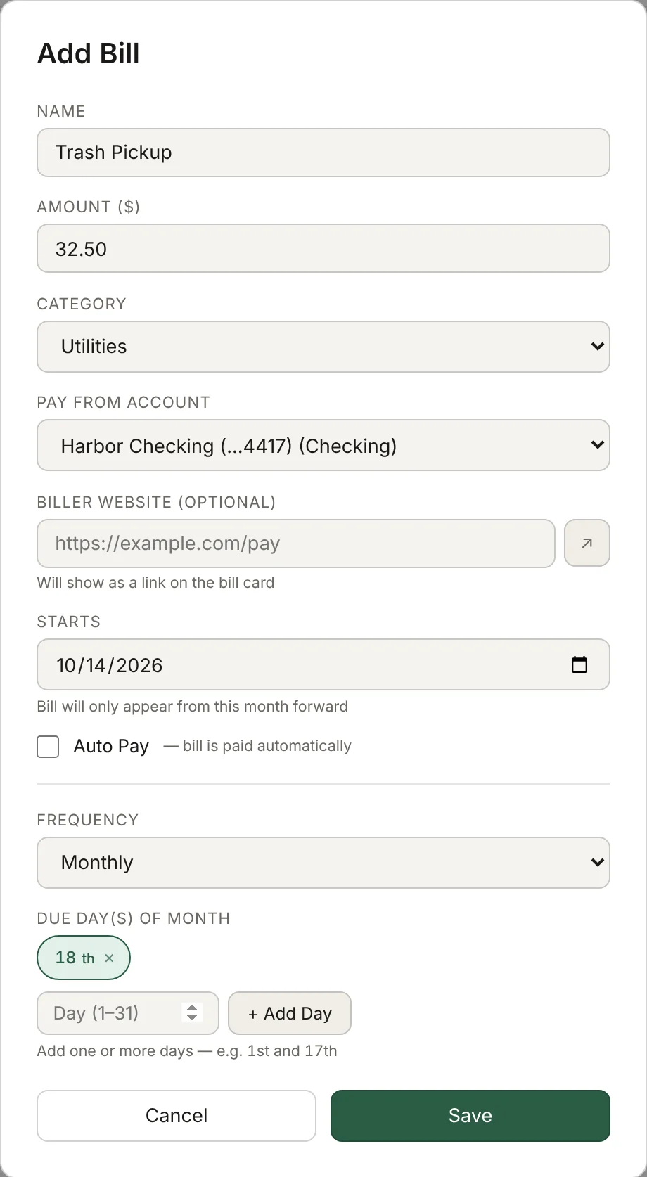 The Add Bill form with fields for name, amount, category, account, biller website, start date, Auto Pay, frequency and due day.