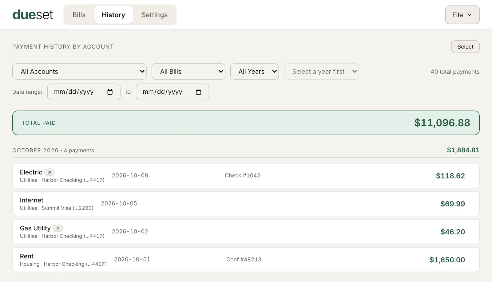 The History screen with filters for account, bill, year, month and date range, a total paid, and a list of payments.