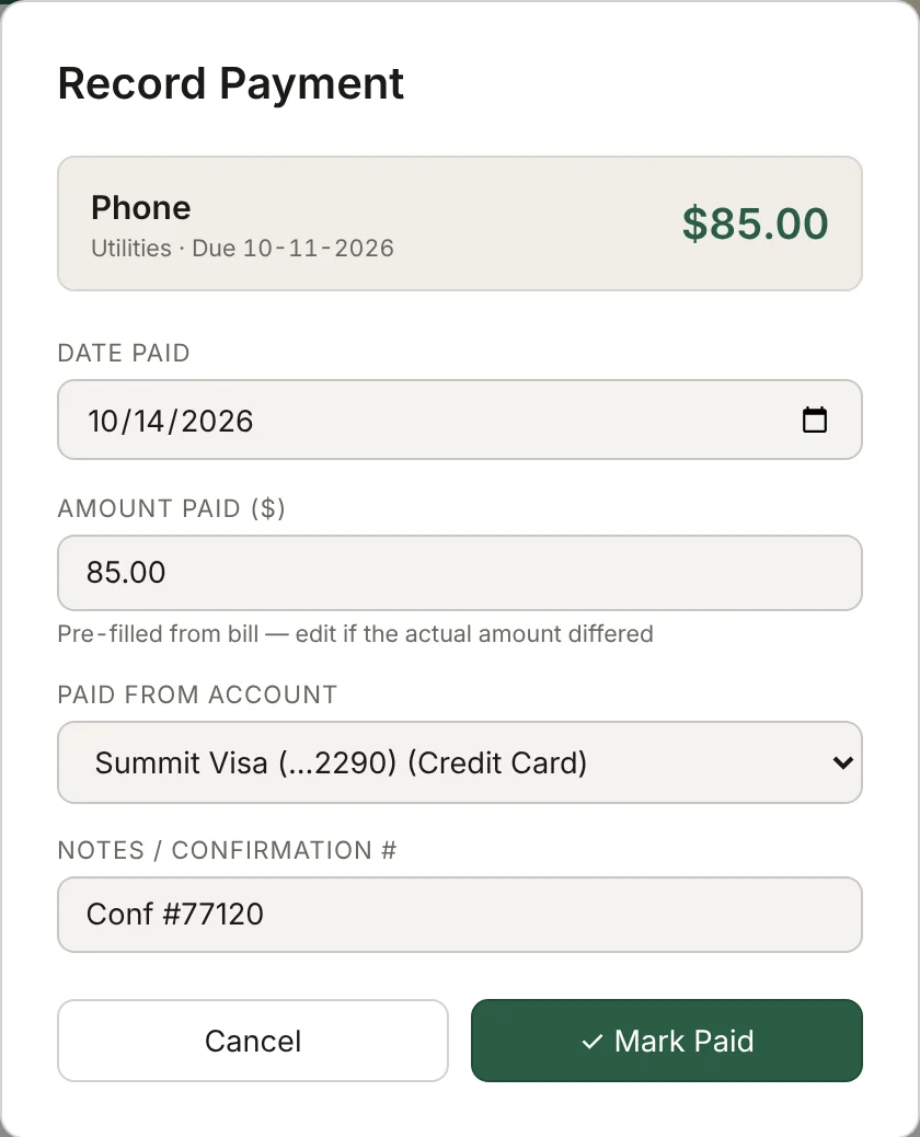 The Record Payment form for a Phone bill, with date paid, amount paid, account and a confirmation number.