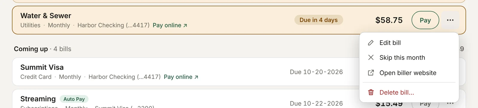 The more-actions menu open on a Water & Sewer bill, with Edit bill, Skip this month, Open biller website and Delete bill.
