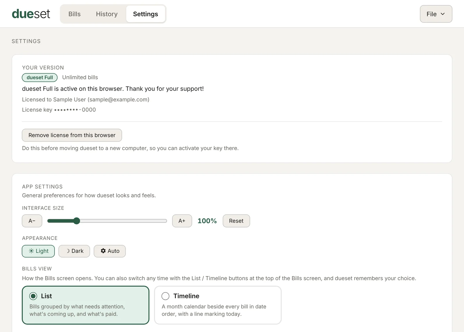 The Settings screen showing Your Version, interface size, appearance, and the Bills View choice between List and Timeline.